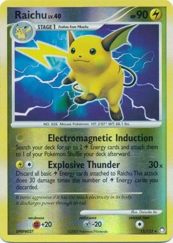 Raichu reverse holo card front, Mysterious Treasures 15/123