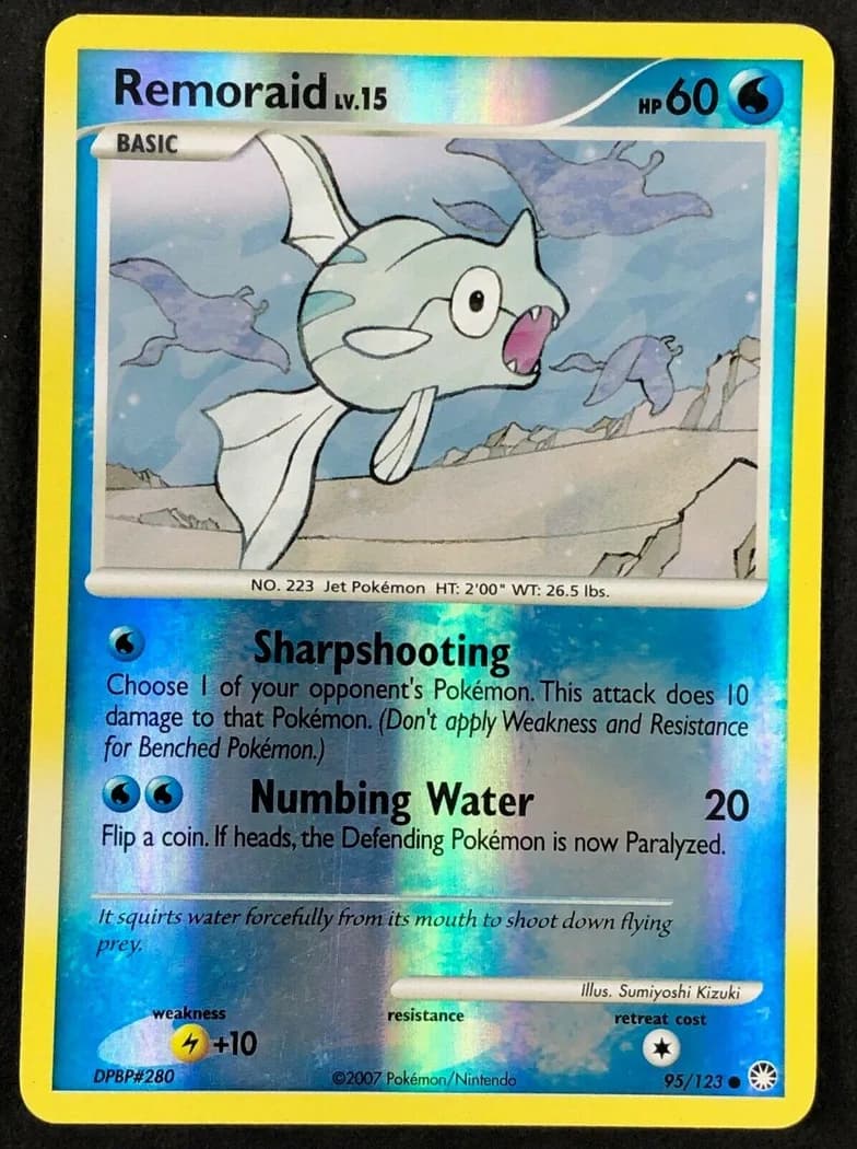 Remoraid reverse holo card front, Mysterious Treasures 95/123