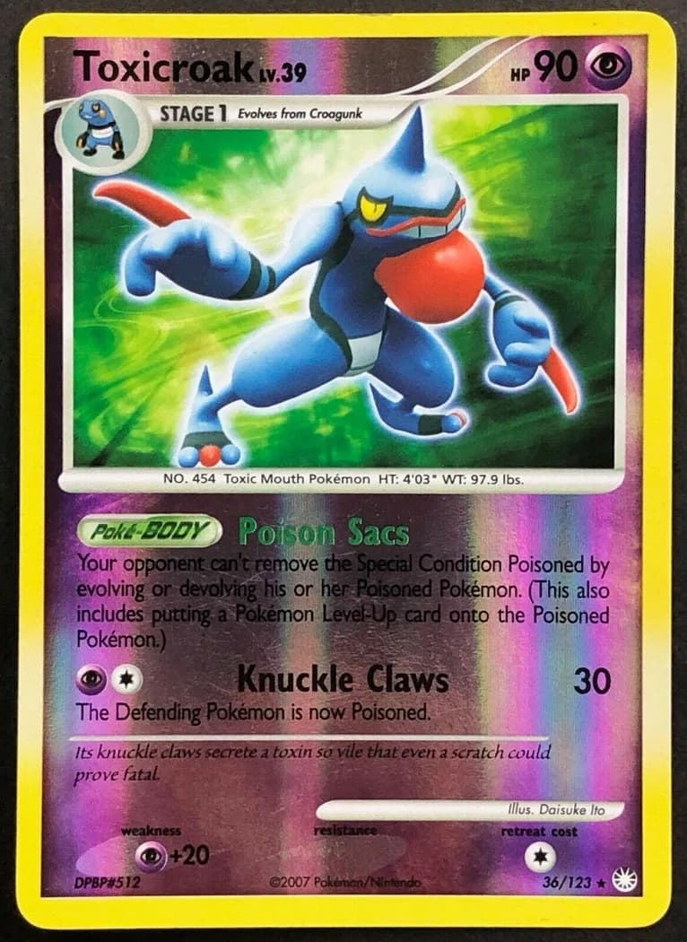 Toxicroak reverse holo card front, Mysterious Treasures 36/123