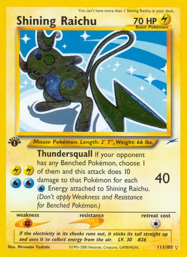 1st Edition Neo Destiny Shining Raichu card front, 111/105