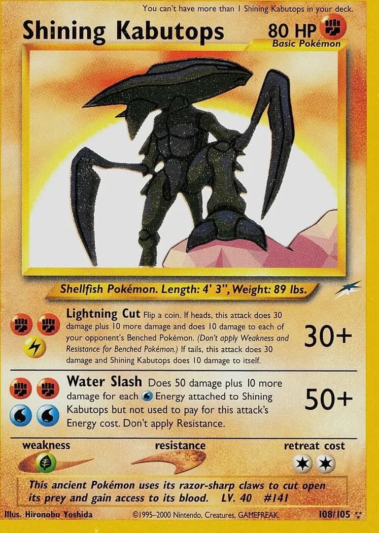 Unlimited Shining Kabutops card front, Neo Destiny 108/105