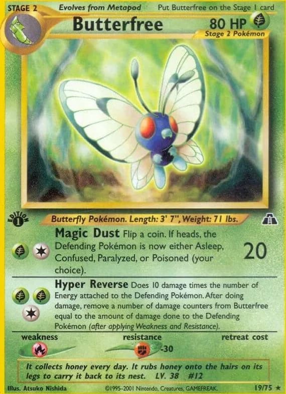 1st Edition Butterfree card front, Neo Discovery 19/75