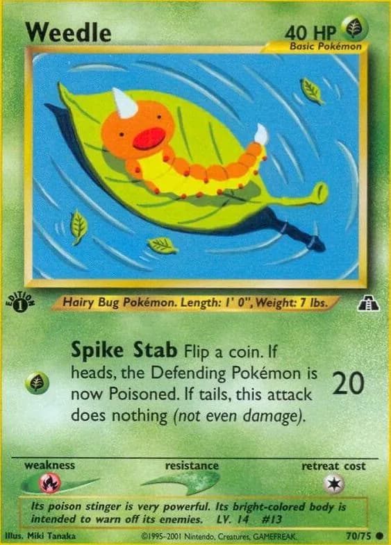 1st Edition Weedle card front, Neo Discovery 70/75