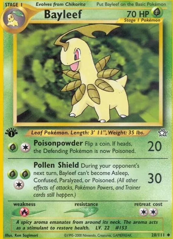 1st Edition Bayleef card front, Neo Genesis 28/111