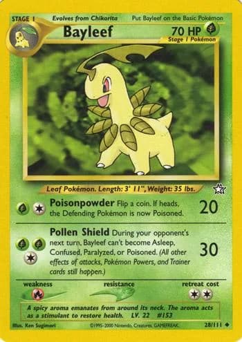Unlimited Bayleef card front, Neo Genesis 28/111