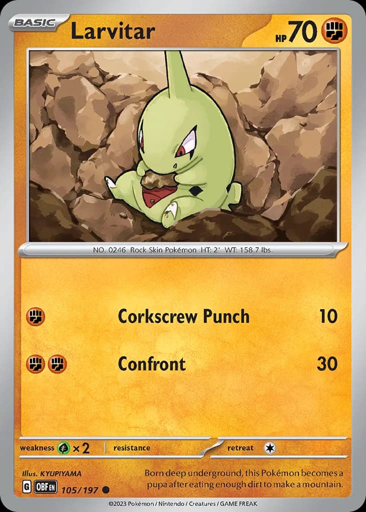 Obsidian Flames Larvitar card front, 105/197
