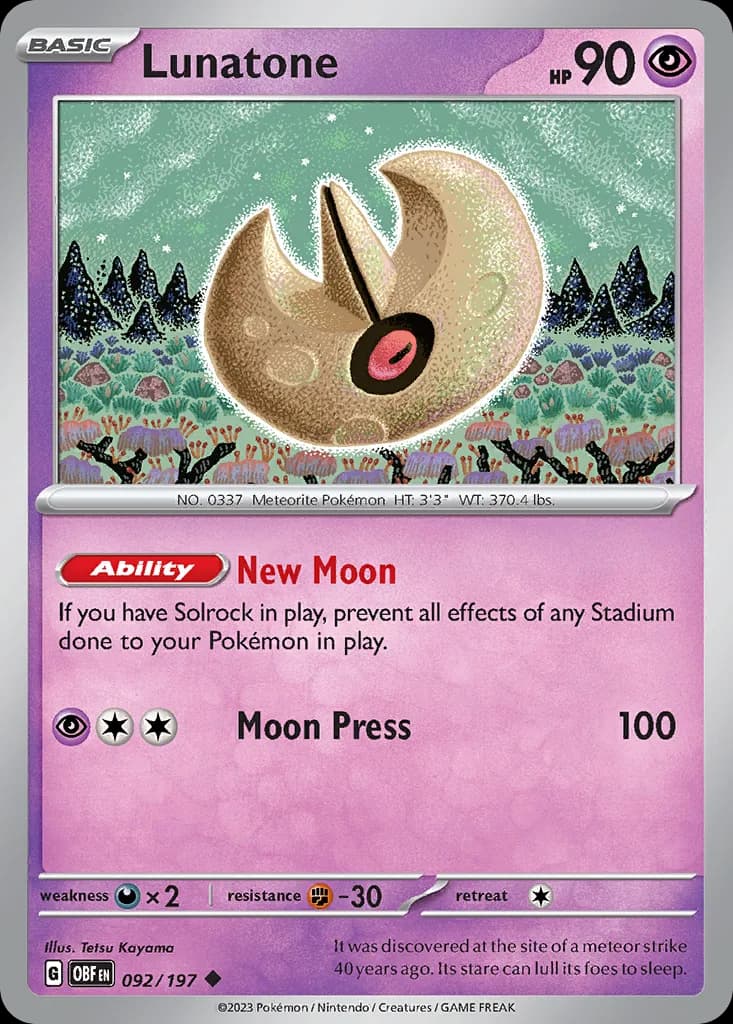 Obsidian Flames Lunatone card front, 92/197