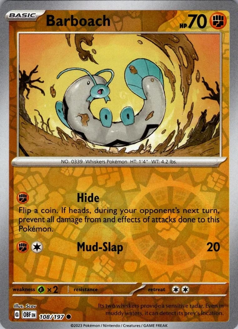 Barboach reverse holo card front, Obsidian Flames 108/197