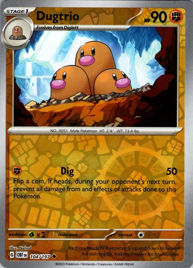 Dugtrio reverse holo card front, Obsidian Flames 104/197