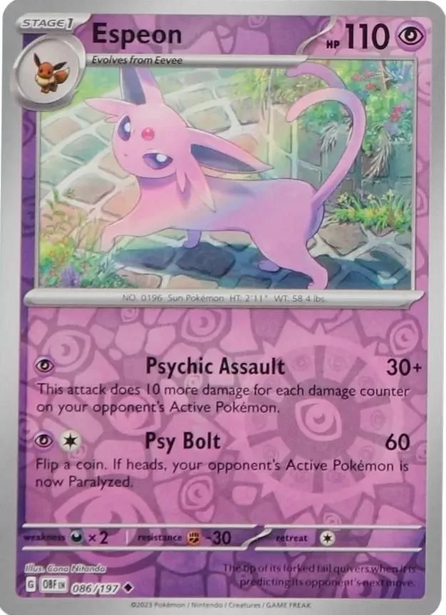 Espeon reverse holo card front, Obsidian Flames 86/197