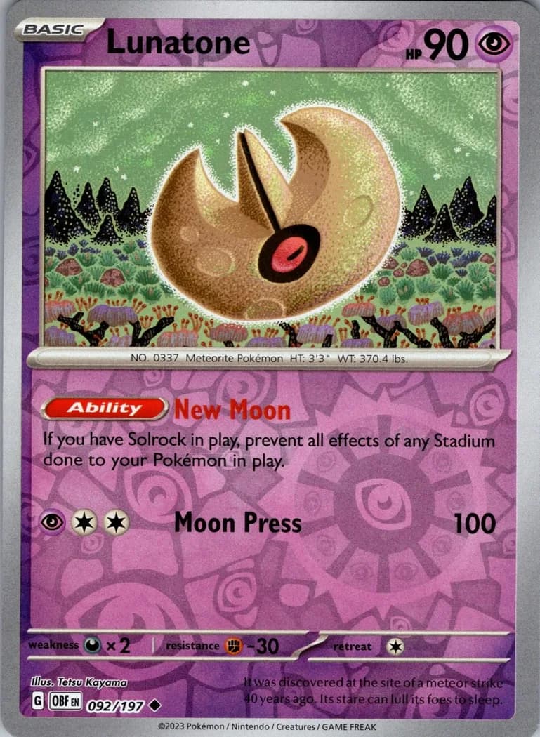 Lunatone reverse holo card front, Obsidian Flames 92/197