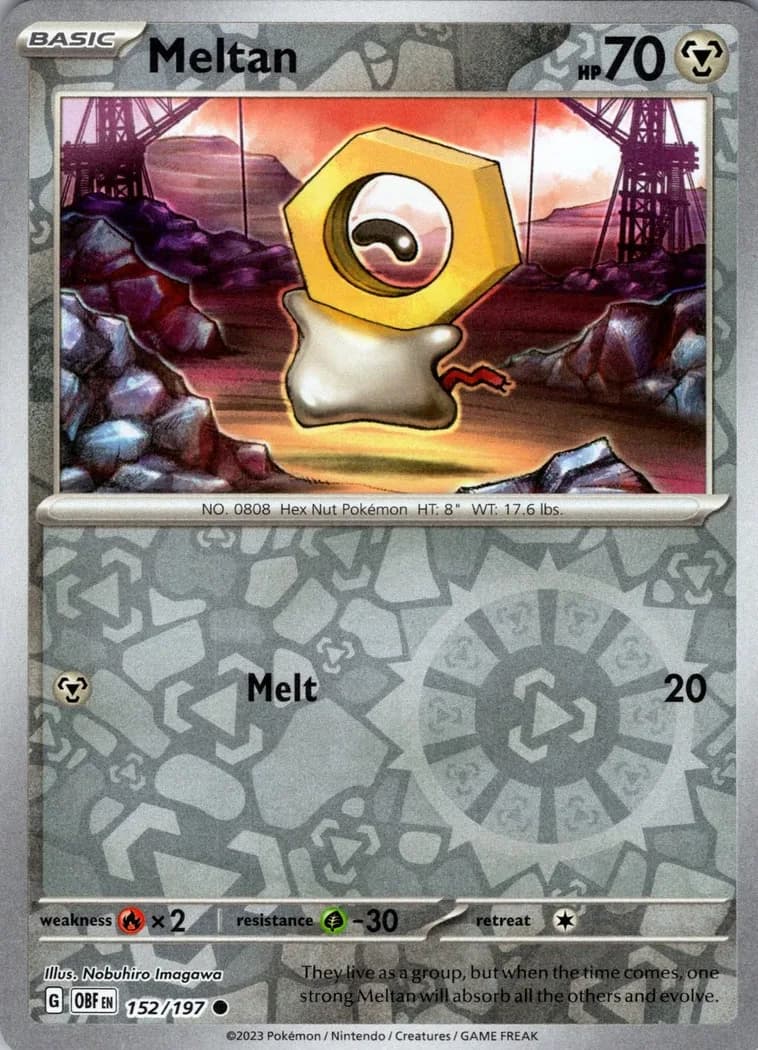 Meltan reverse holo card front, Obsidian Flames 152/197