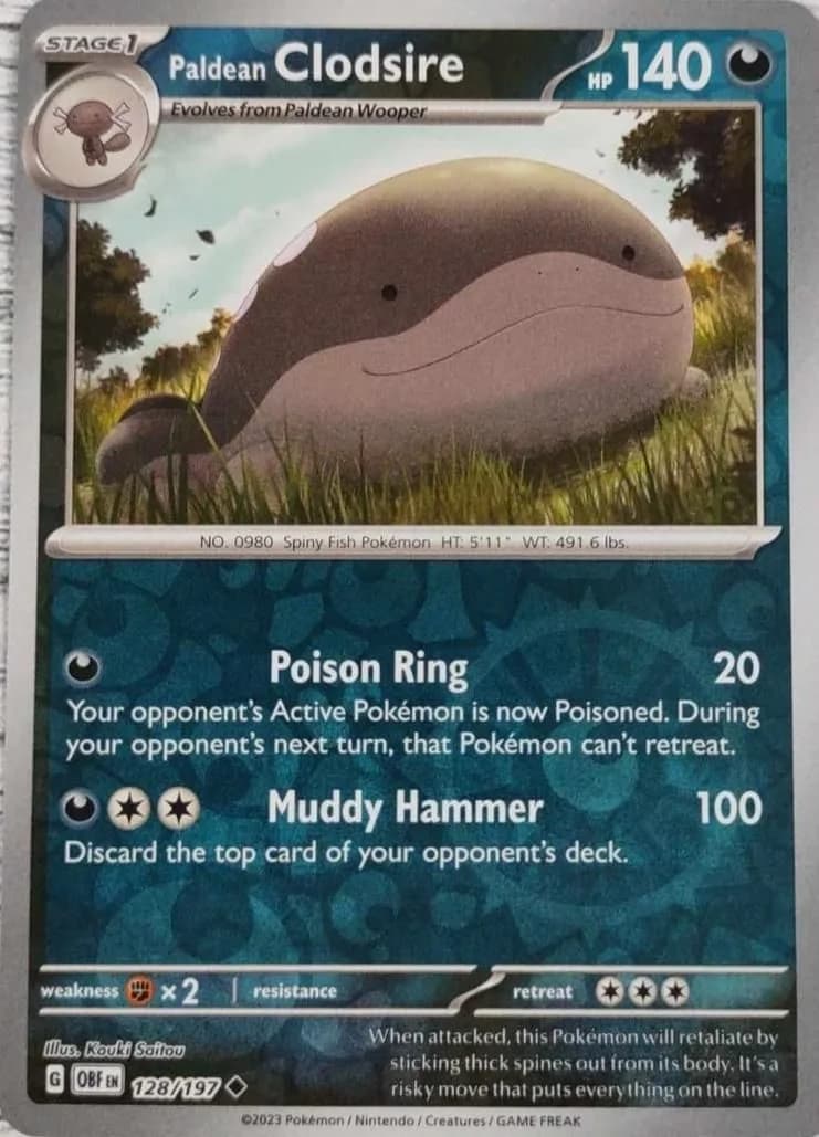 Paldean Clodsire reverse holo card front, Obsidian Flames 128/197