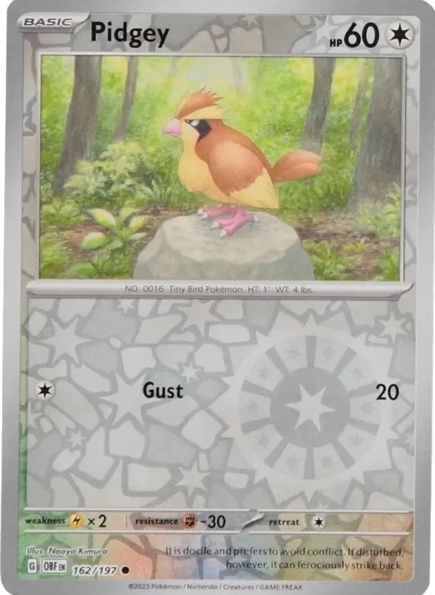Pidgey reverse holo card front, Obsidian Flames 162/197