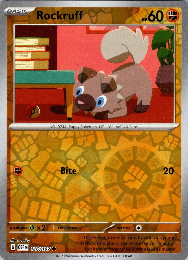 Rockruff reverse holo card front, Obsidian Flames 116/197