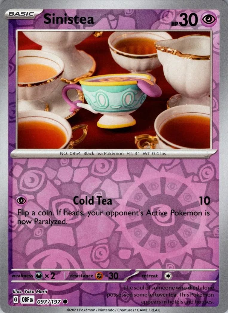 Sinistea reverse holo card front, Obsidian Flames 97/197