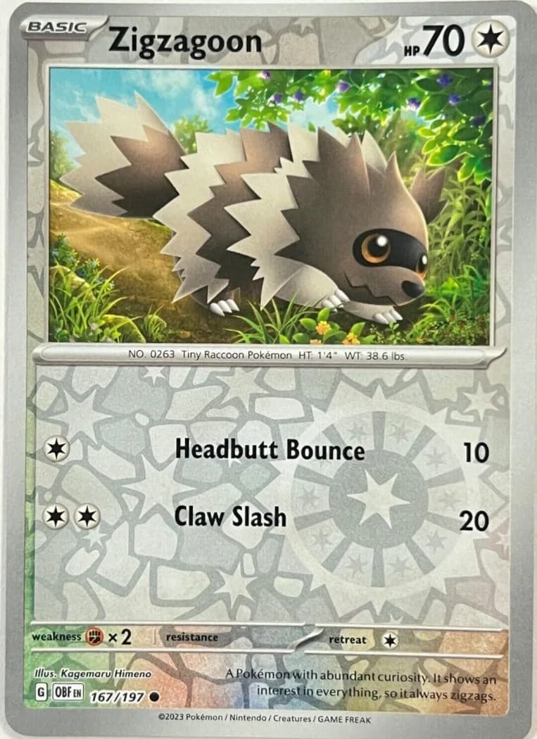 Zigzagoon reverse holo card front, Obsidian Flames 167/197