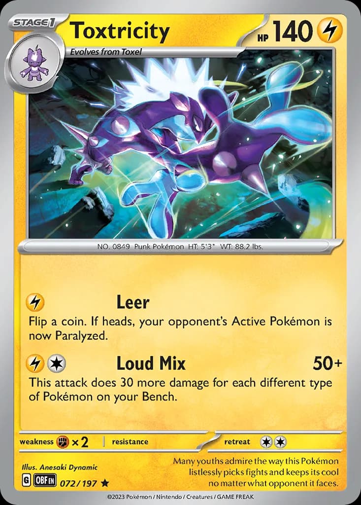 Toxtricity card front, Obsidian Flames 72/197