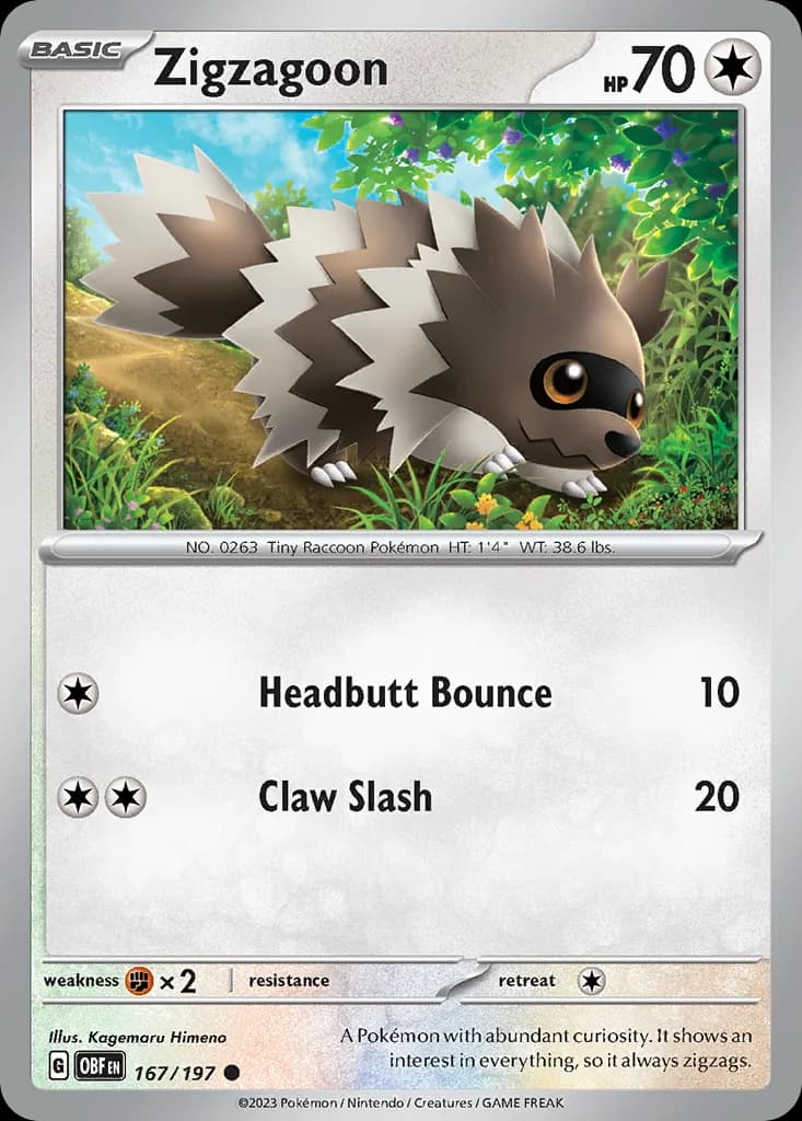 Obsidian Flames Zigzagoon card front, 167/197