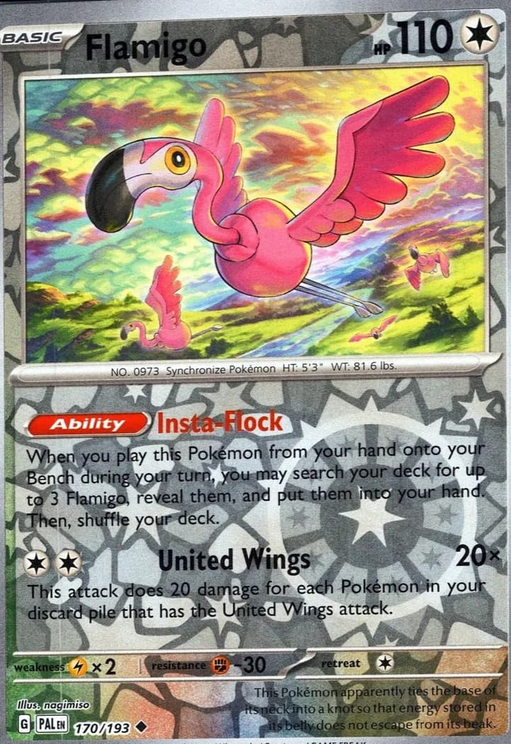 Flamigo reverse holo card front, Paldea Evolved 170/193