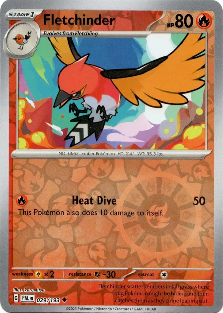 Fletchinder reverse holo card front, Paldea Evolved 29/193