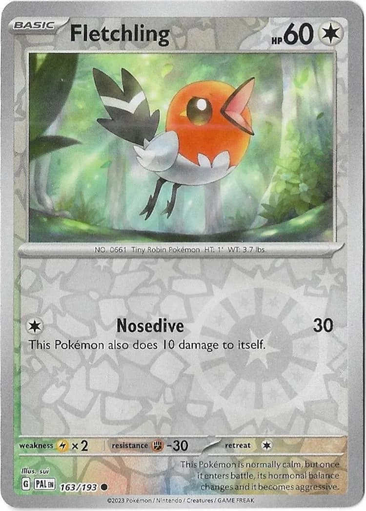 Fletchling reverse holo card front, Paldea Evolved 163/193