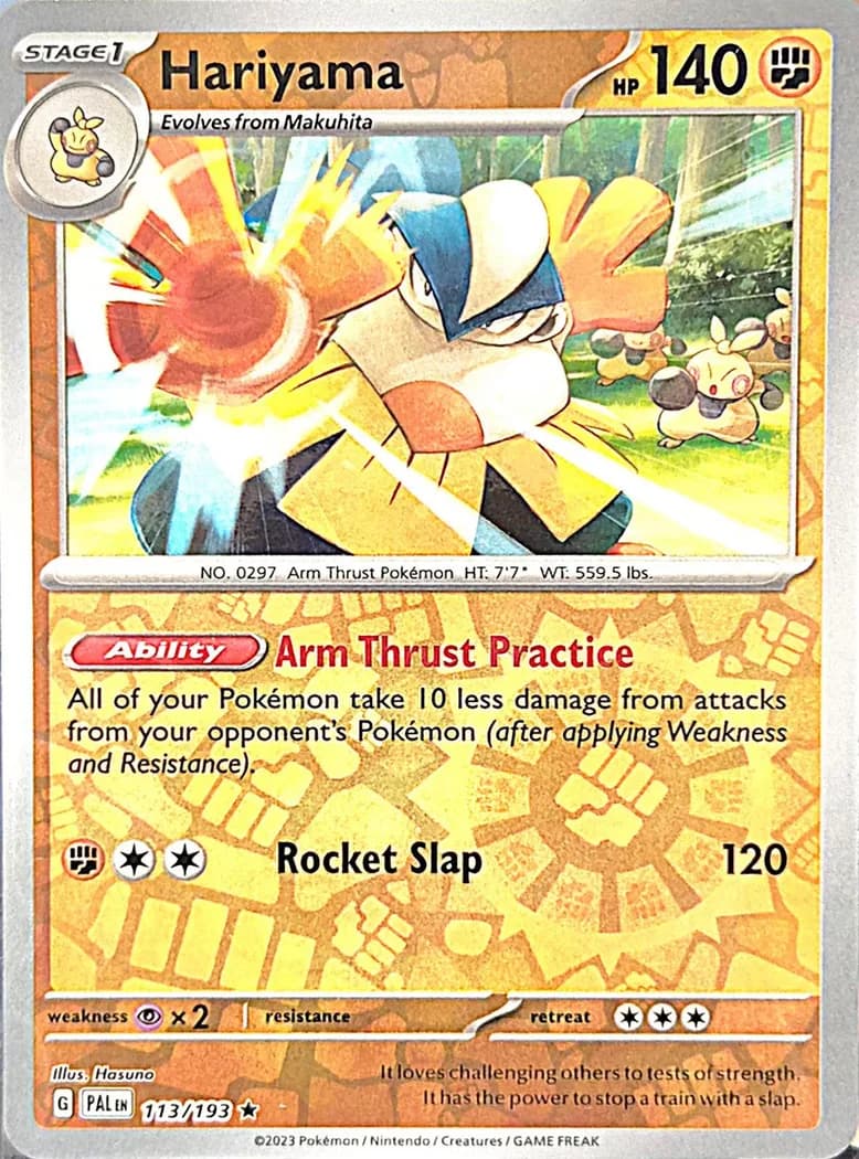 Hariyama reverse holo card front, Paldea Evolved 113/193