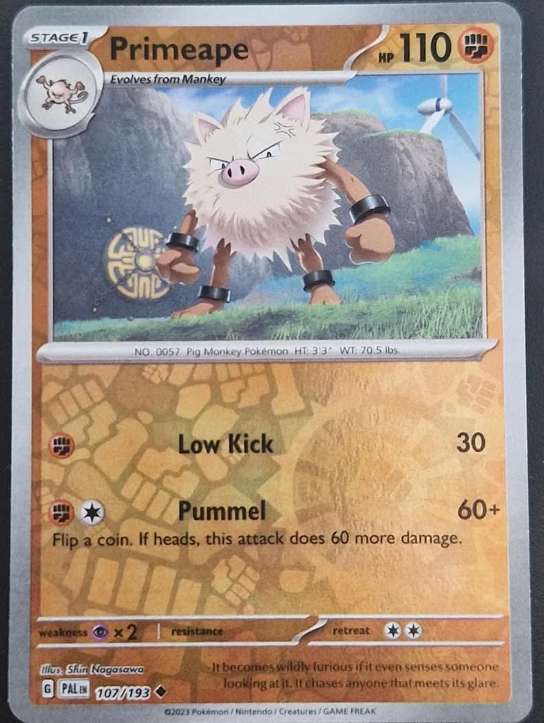 Primeape reverse holo card front, Paldea Evolved 107/193