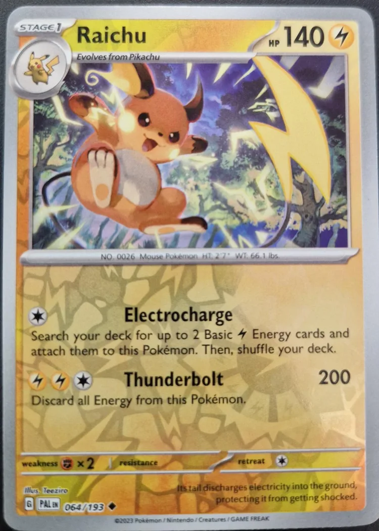 Raichu reverse holo card front, Paldea Evolved 64/193