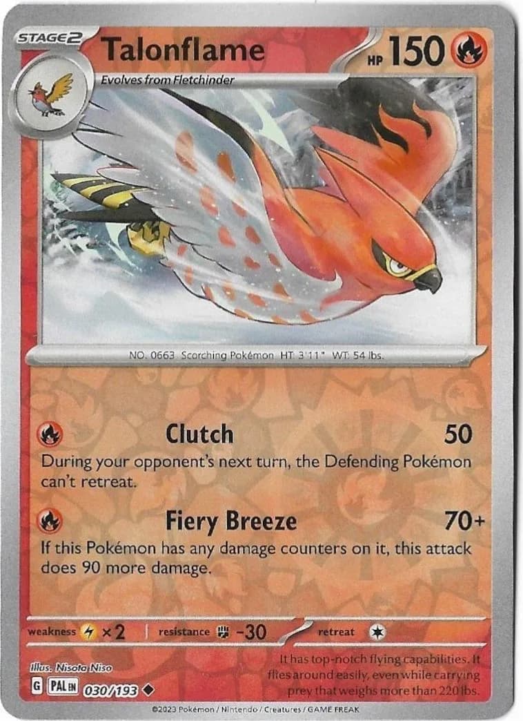 Talonflame reverse holo card front, Paldea Evolved 30/193