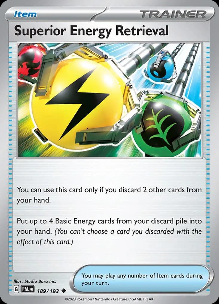 Superior Energy Retrieval, Paldea Evolved 189/193, English non-holo base-card reference; reverse-holo finish is not shown