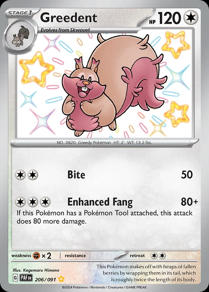 Paldean Fates Greedent card front, 206/91