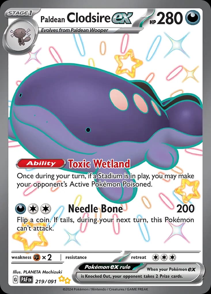 Paldean Fates Paldean Clodsire ex card front, 219/91