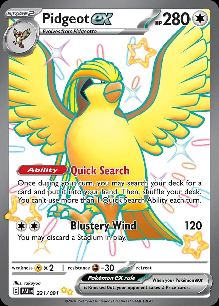 Paldean Fates Pidgeot ex card front, 221/91