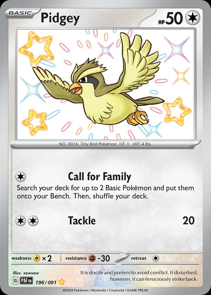 Paldean Fates Pidgey card front, 196/91