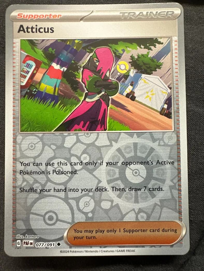 Atticus reverse holo card front, Paldean Fates 77/91