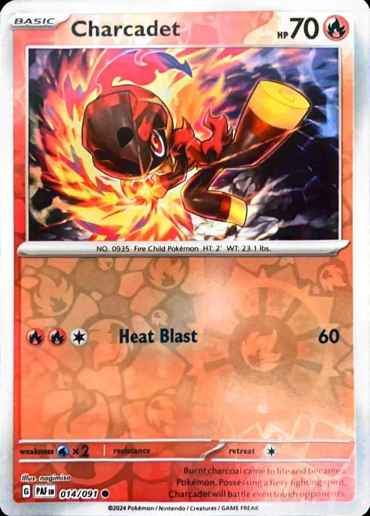 Charcadet reverse holo card front, Paldean Fates 14/91