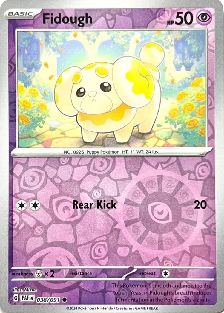 Fidough reverse holo card front, Paldean Fates 38/91