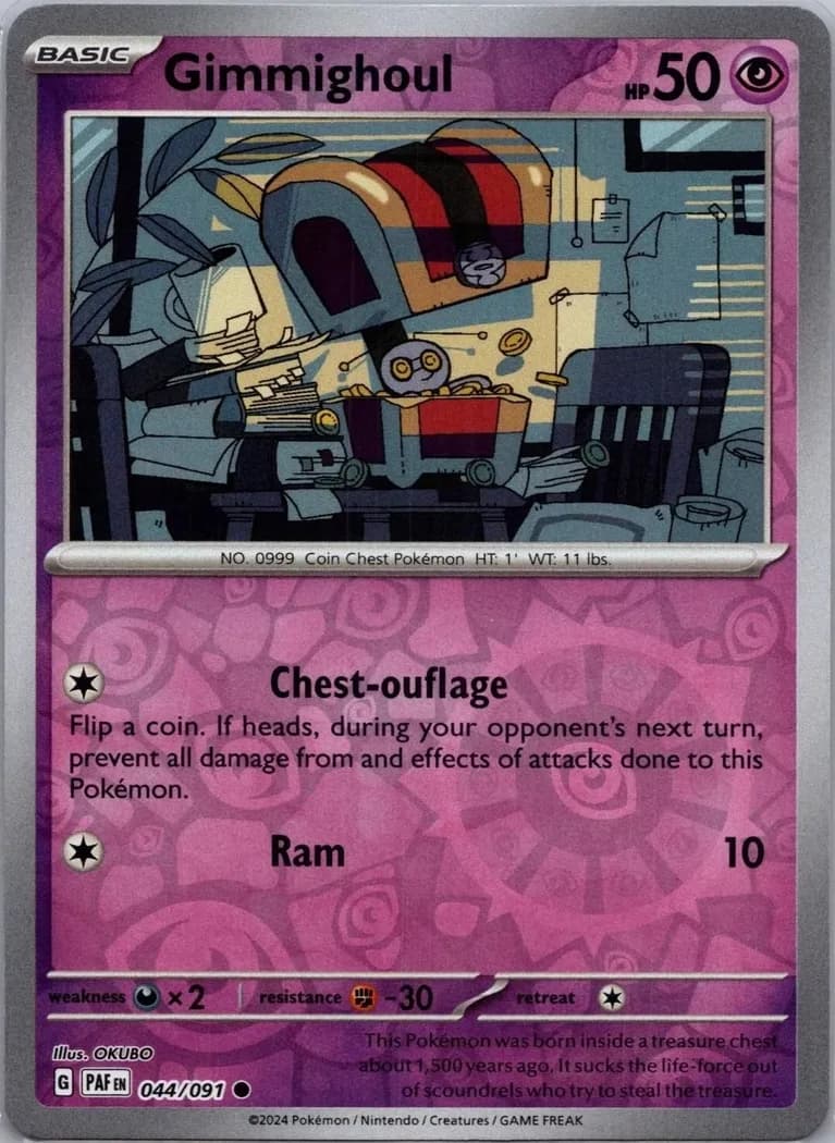 Gimmighoul reverse holo card front, Paldean Fates 44/91
