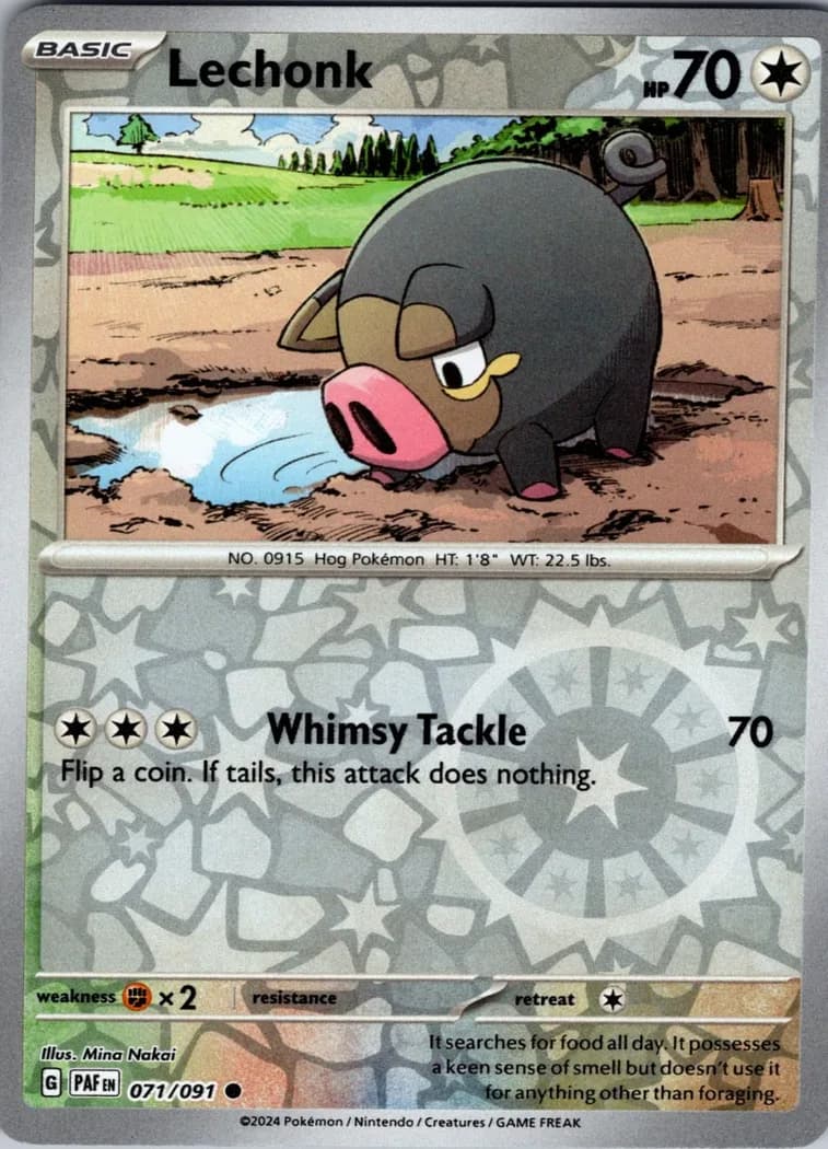 Lechonk reverse holo card front, Paldean Fates 71/91
