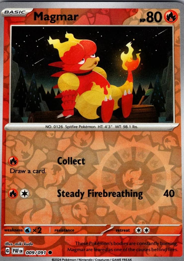 Magmar reverse holo card front, Paldean Fates 9/91