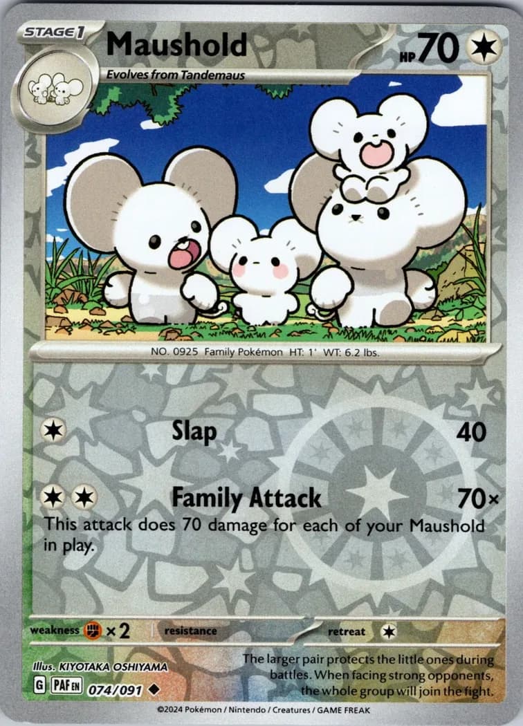 Maushold reverse holo card front, Paldean Fates 74/91
