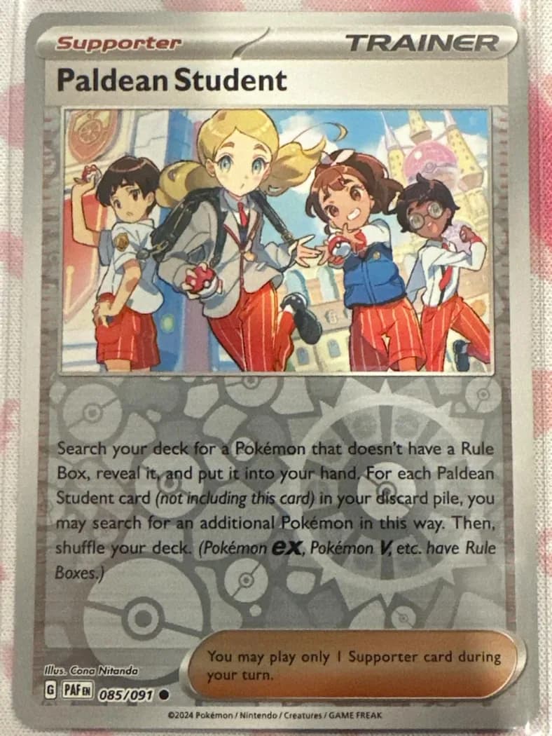 Paldean Student reverse holo card front, Paldean Fates 85/91