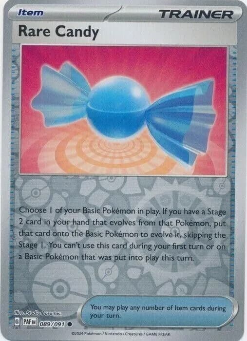 Rare Candy reverse holo card front, Paldean Fates 89/91