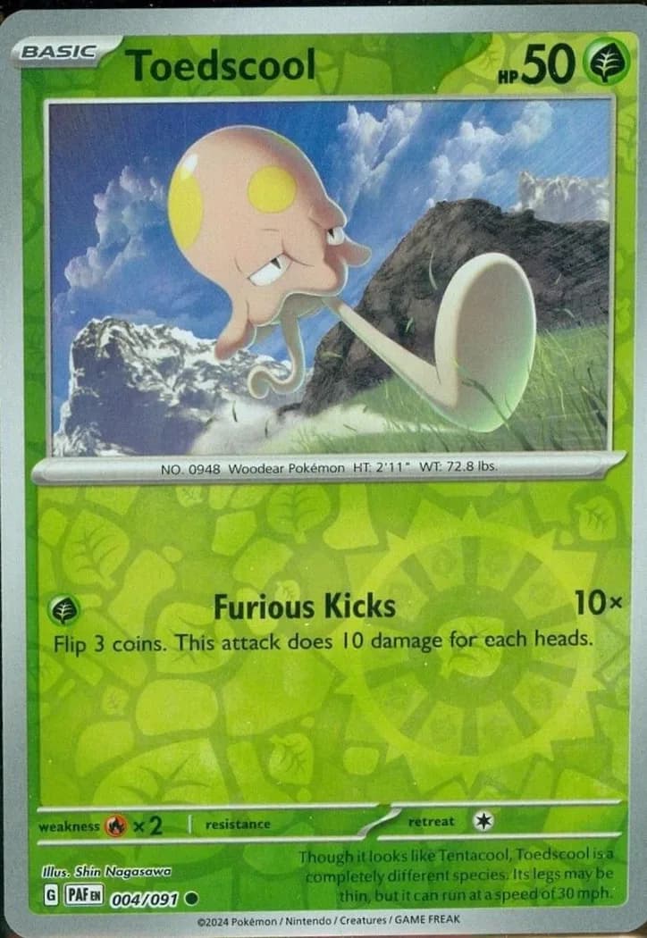 Toedscool reverse holo card front, Paldean Fates 4/91