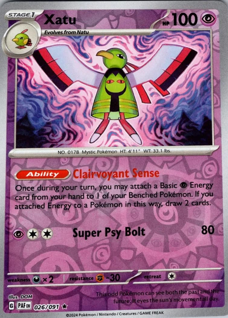 Xatu reverse holo card front, Paldean Fates 26/91