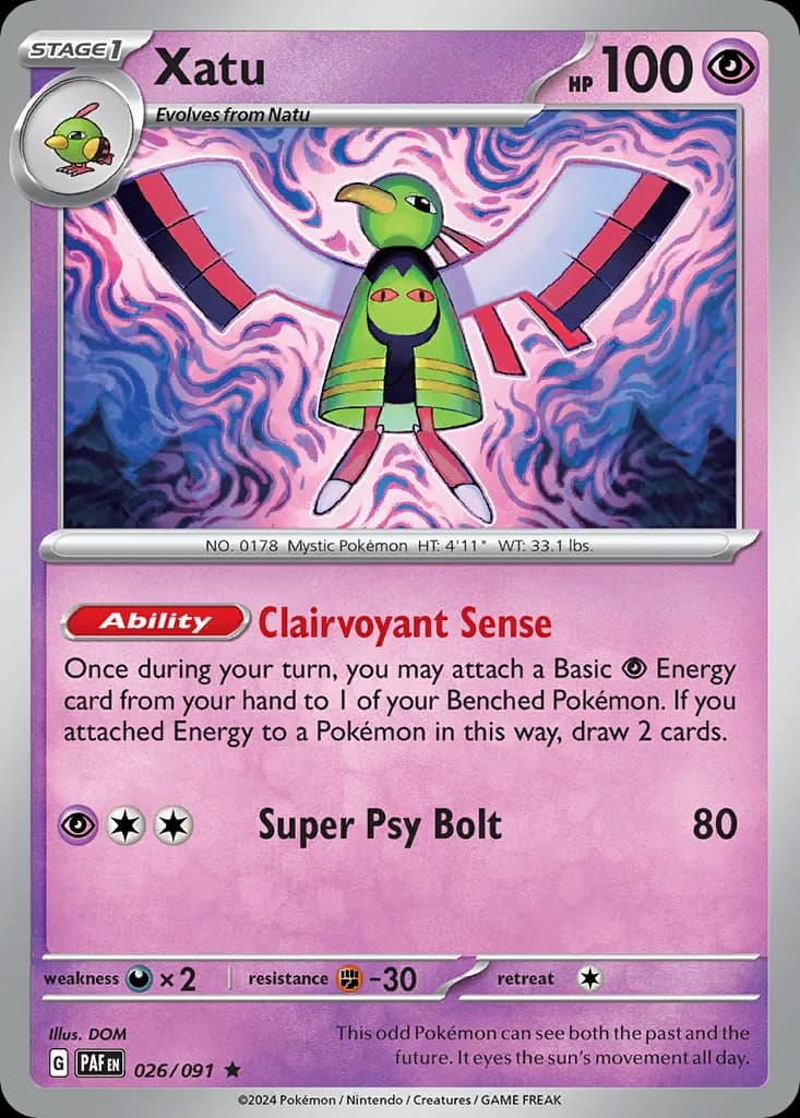 Paldean Fates Xatu card front, 26/91
