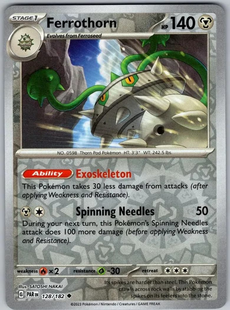 Ferrothorn reverse holo card front, Paradox Rift 128/182