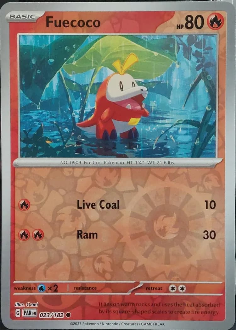 Fuecoco reverse holo card front, Paradox Rift 23/182