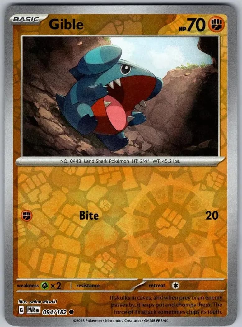 Gible reverse holo card front, Paradox Rift 94/182